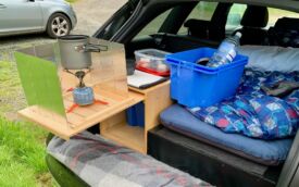 Wild camping set up in the car